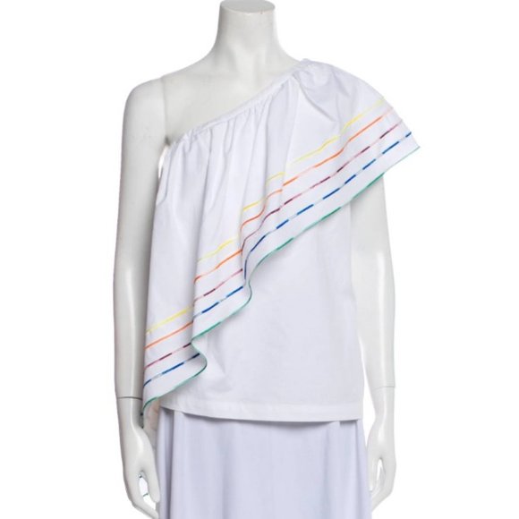 Rosie Assoulin White One Shoulder Top w/Rainbow Stripes, Size Medium NWT! - Picture 1 of 4